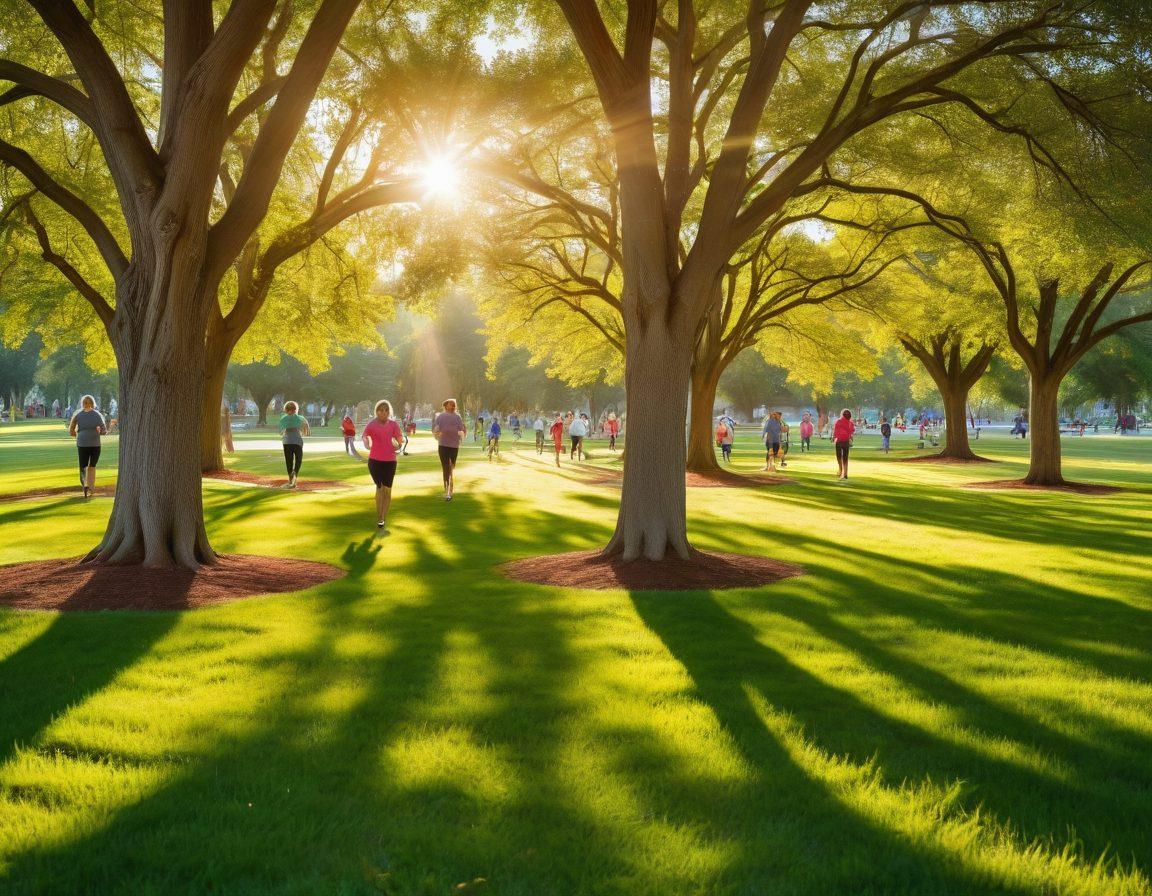 A vibrant scene showcasing a diverse group of people engaging in heart-healthy activities in a park, such as jogging, cycling, and practicing yoga. Surround them with trees adorned with heart-shaped leaves and banners emphasizing community support for cardiovascular wellness. Include a bright blue sky and warm sunlight to evoke positivity and empowerment. This collective energy should symbolize unity and health. super-realistic. vibrant colors. sunny atmosphere.