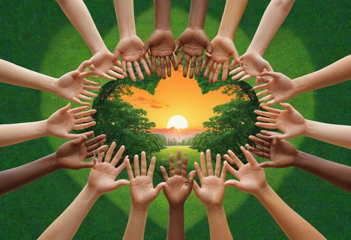 A heart symbol constructed from diverse hands coming together, surrounded by silhouettes of people engaging in various support activities like exercising, sharing healthy meals, and participating in community events. The background features a lush green park with a vibrant sunset, symbolizing hope and collaboration. super-realistic. vibrant colors. 3D.