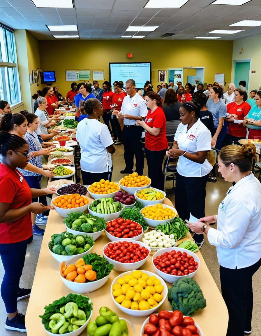 A diverse group of people engaging in a community health workshop focused on heart disease prevention, showcasing interactive activities like healthy cooking demonstrations and fitness sessions. Include heart-healthy food displays and visuals of heart anatomy in the background. An atmosphere of hope and collaboration with bright and inviting colors. super-realistic. vibrant colors. 3D.